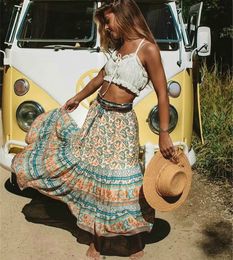 Rokken hippie queens dames gotisch bloemen pauw gedrukt hoog elastisch taille strand Boheemse rok dames aline midi boho 230707