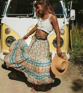 Faldas Hippie Queens Mujeres Gótico Floral Pavo real Impreso Cintura alta elástica Playa Falda bohemia Señoras ALine Midi Boho 230601