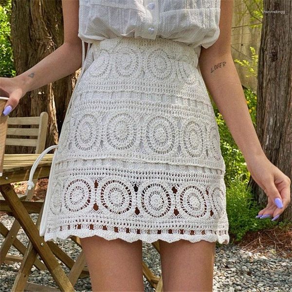 Faldas Hollow Crochet Mini Korean Summer Bodycon Short A-line Knitted Women Sweet Thin Falda de cintura alta Vintage