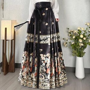 Jupes Jupe à visage de cheval chinois élégant vintage maxi avec imprimé floral taille haute Hanfu plissé pour femmes