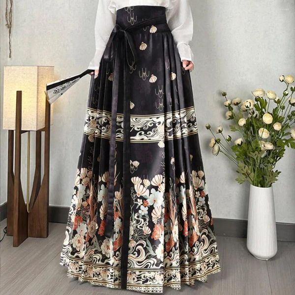 Faldas faldas con cara de caballo chino elegante vintage maxi con estampado floral cintura alta hanfu pliseated