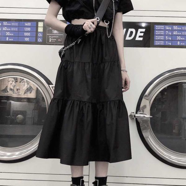 Skirts HOUZHOU Black Gothic Midi Skirt Women Punk Goth High Waist Patchwork A-line Long Skirts Korean Style Casual Harajuku Streetwear P230420