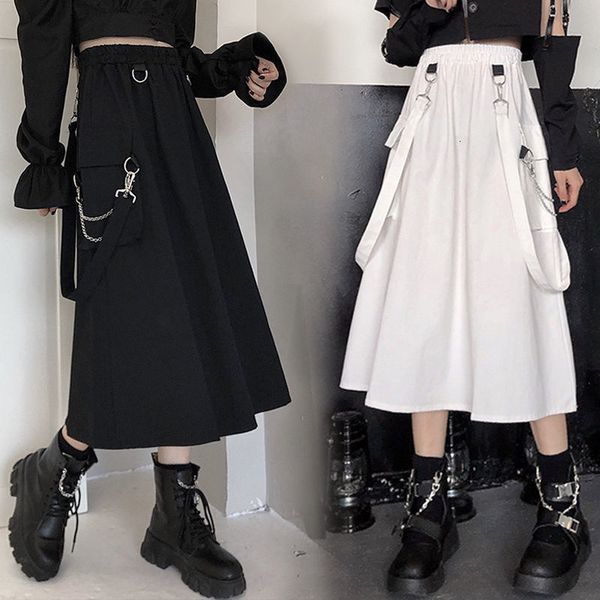 Jupes HOUZHOU gothique jupe longue Techwear femmes Grunge Punk taille haute chaîne poche sangle noir Cargo jupe Goth Harajuku Streetwear 230313