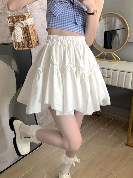 Faldas HOUZHOU Kawaii Mini Faldas Mujeres White Fungus Patchwork Summer Sweet Cute Falda plisada Black Goth Lolita Preppy Style Y2k 230518