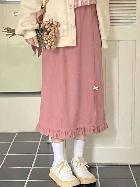 Jupes HOUZHOU Kawaii rose velours côtelé jupe longue femmes mode japonaise mignon taille haute fendu nœud droit Midi jupe pour les filles automne P230420