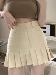 Rokken houzhou Korean schattige geplooide mini rok vrouwen sexy patchwork hoge taille solide casual a-line denim rok zomer Kpop streetwear 230308