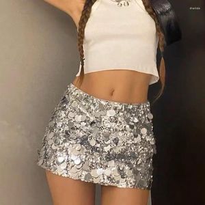 Faldas Houzhou Sequin Mini Skirt Women Y2K Party Sexy Slim High Wistette Micro con Paillettes Casual Night Club