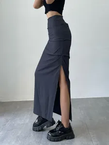 Jupes houzhou streetwear slim long pour les femmes Summer Split Grey Cargo jupe y2k harajuku vintage haute taille koran mode
