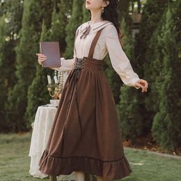 Rokken houzhou vintage lange rokken dames kawaii lolita verbanden boog hoge taille ruche patchwork elegante midi suspender rok mori girl 220924