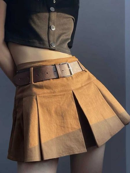Jupes HOUZHOU Vintage jupe plissée femmes mode coréenne taille haute Style Preppy marron Mini jupe ceinture a-ligne Y2k fille chaude femme P230422