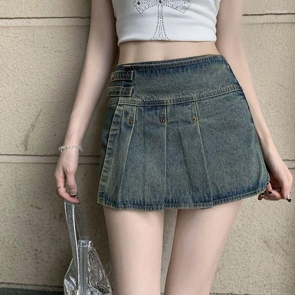 Faldas Hsa Falda plisada de mezclilla Mujer Vintage Streetwear Cintura alta A-line Retro Moda coreana Blue Jean Mini Summer Y2k Shorts