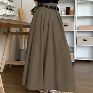 Jupes HSA Vintage couleur unie taille haute demi-jupe femme automne/hiver ample balançoire jupe plissée a-ligne longue Saia