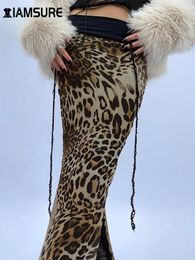 Faldas iamsure sexy delgada elegante leopardo malla spli falda y2k mosaico de moda
