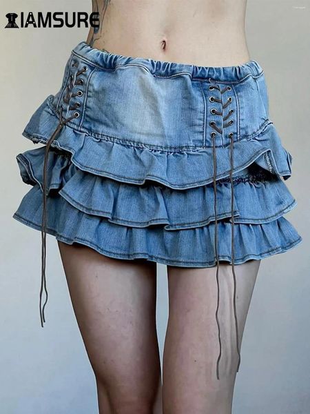 Jupes Iamsure Sweet Slim Bandage A-Line Denim Jirt Y2K Casual Sexy Mid-Waist Femmes 2024 Summer Streetwear Streetwear Lady