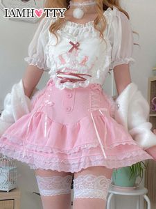 Jupes IAMTY Coquette Esthétique Mini Jupe Rose À Volants En Cascade A-ligne Boutons À Lacets Kawaii Jupes Japonais Fairycore Outfit Y2K 230609