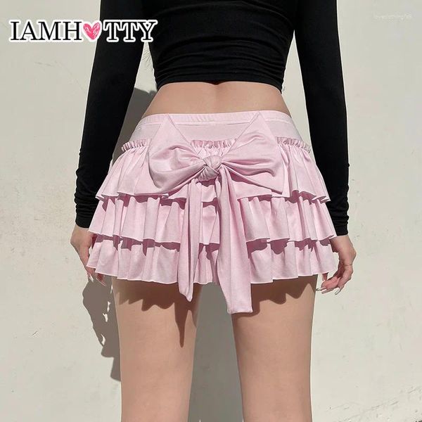 Faldas IAMTY Minifalda japonesa dulce de cintura baja, lazo trasero rosa, volantes en niveles, línea A, estilo Kawaii Lolita de múltiples capas