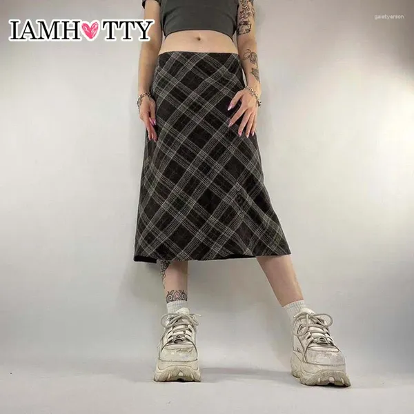 Faldas Iamty Vintage Plaid Print Falda larga recta Cintura baja Hada Grunge Mujeres Chic Elegante Holiday Streetwear Y2K Outfit