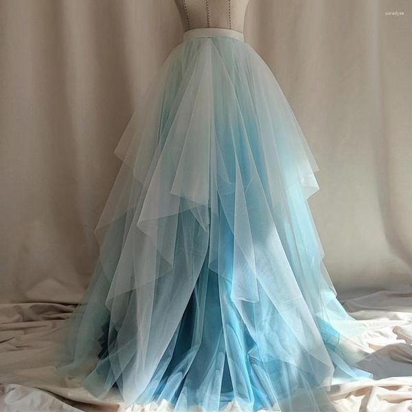 Jupes de soirée en satin bleu glace, en tulle blanc, taille haute, élastique, longue, avec doublure, longueur au sol, robes de bal élégantes