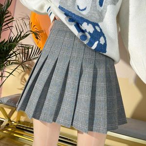 Faldas en otoño e invierno Falda a cuadros Lana plisada Cintura alta Estilo coreano delgado Harajuku Vintage Kawaii