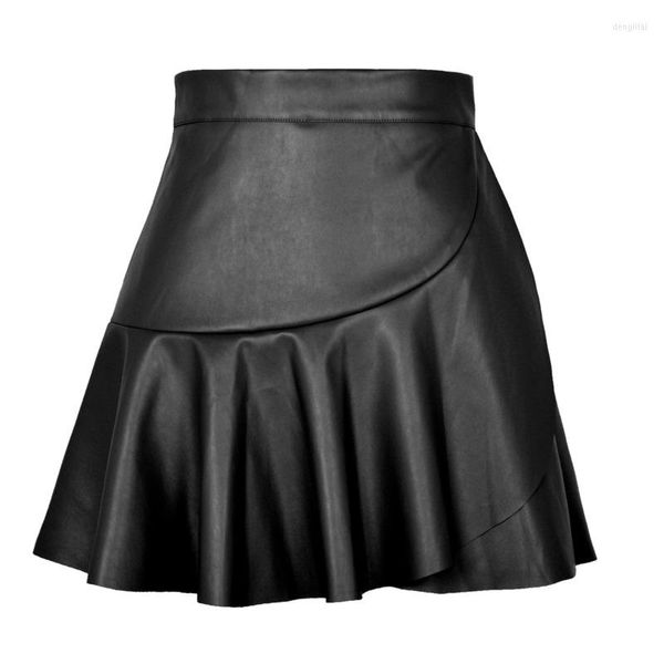 Jupes au printemps été taille haute à volants irrégulière en cuir Pu pour les femmes 2023 Sexy bureau dame Club noir Mini jupe