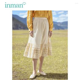 Jupes Inman Women Jirt 2024 Automne élastique haute taille en forme de lance creux en forme d'épissage de style pastoral abricot mi-longueur