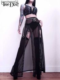 Faldas InsDoit Gothic Eyelet Vendaje Falda de malla negra Mujeres Summer Split Sexy See Through Falda de cintura alta Streetwear Punk Faldas largas W0308