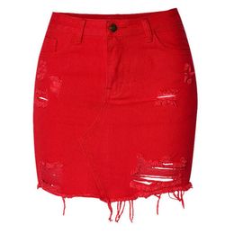 Jupes Irrégulière Trou Déchiré Denim Femmes Rouge Taille Haute Sexy Jean Top Qualité Coton Mujer Gland Court Saia