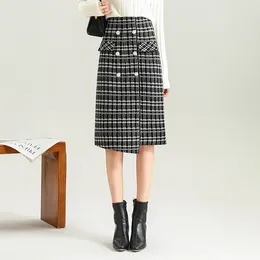 Jupes irrégulière tricoté laine Plaid moulante jupe femmes Vintage élégant taille haute bouton mince décontracté genou longueur femme 66011