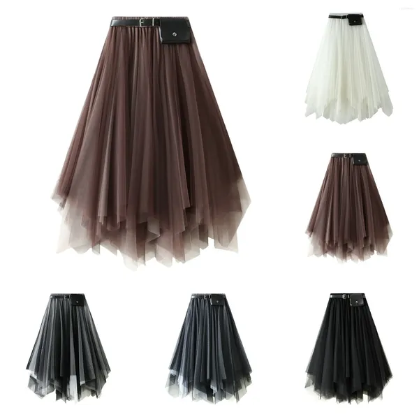 Jupes de couche irrégulière en maille tulle jupe pour femmes fête d'été jumeau élégant long avec ceinture et poche vintage une ligne