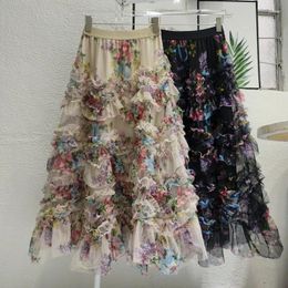Jupes irrégulières couture couleur fleur maille jupe femmes 2024 été Style français fée capricieuse a-ligne longue rue