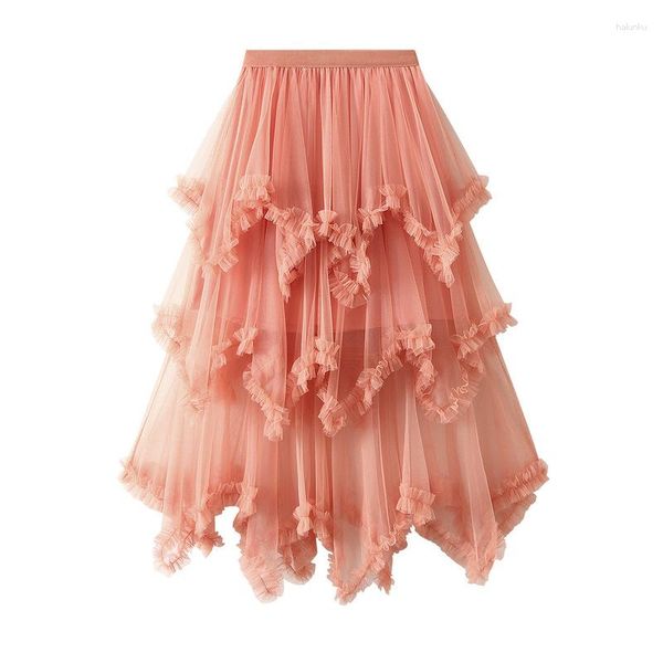 Jupes Irrégulière Tulle Jupe Longue Maxi Gâteau Taille Haute Solide Fête Fée Robe De Bal Tutu Femmes Bleu Rouge Orange