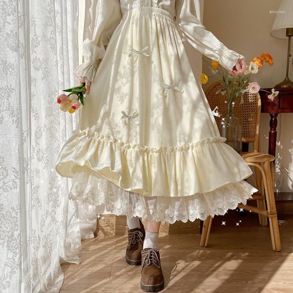 Faldas Japón moda Kawaii Lolita falda chicas adolescentes primavera otoño cintura alta encaje fruncido Patchwork lindo lazo volante largo terciopelo