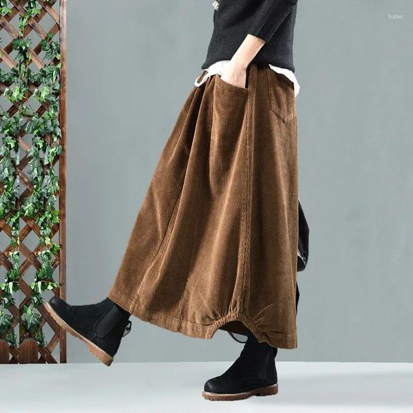 Jupes Style japonais Vintage mi-longueur printemps automne jupe femme couleur unie élastique velours côtelé coton fleur bourgeon femme bas