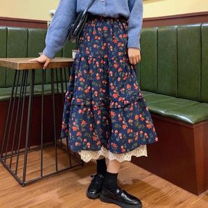 Jupes japonaise fille midi jupe haute taille marine bleu brun floral avec en dentelle ébourignants