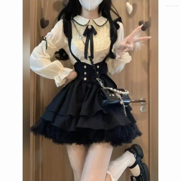 Faldas japonesa gótica lolita mujeres negras y2k estilo preppy rufas delgadas correa de vendaje falda harajuku cuello de muñeca kawaii top