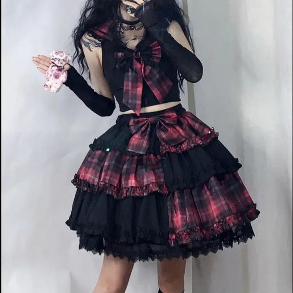 Faldas Harajuku japonés para chicas, falda escocesa plisada negra y rosa, minifaldas Punk de moda dulce Kawaii Lolita Cake