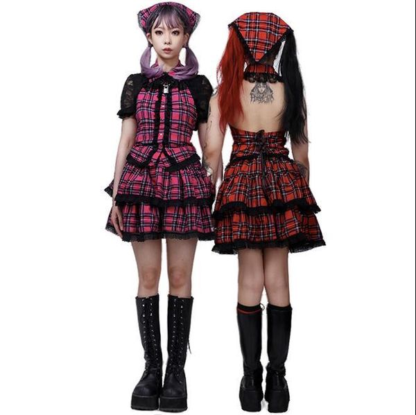 Jupes japonaises Harajuku filles jupe plissée à carreaux rouge Punk douce mode Kawaii Lolita gâteau Mini Cosplay costume