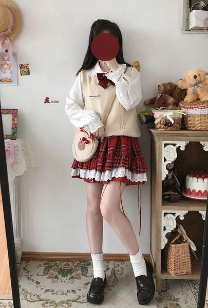 Jupes japonaises Harajuku Girls Sweet Red Plaid Taille haute plissée Lolita Kawaii Mini Cake Girl