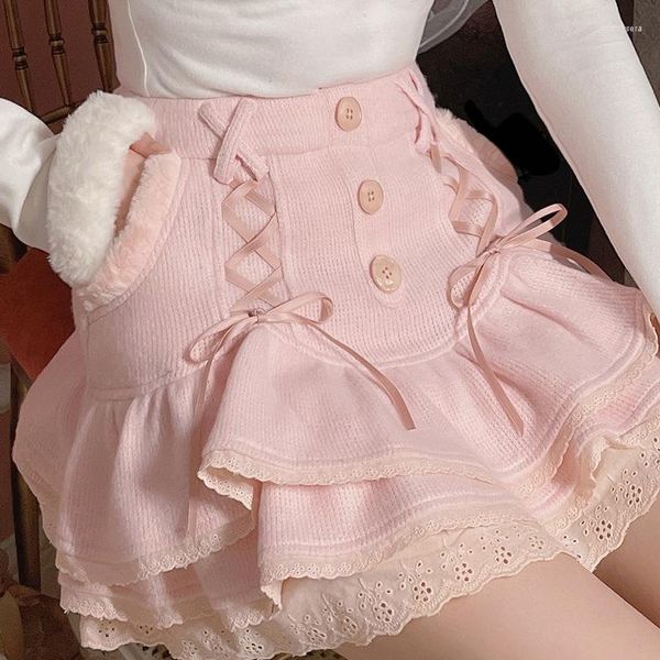 Jupes japonaises Kawaii Lolita Bandage Bow Knit Mini jupe femmes hiver blanc rose dentelle douce a-ligne taille haute coréen Y2k