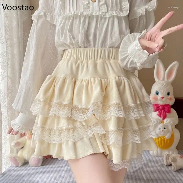 Faldas japonesas Kawaii estilo Lolita plisadas para Mujer, cintura alta, encaje, volantes, Hada Y2k, minifalda estética, Faldas lindas para Mujer a la Moda