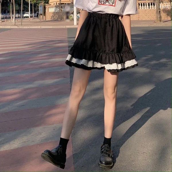 Faldas japonesas kawaii mini mujeres encaje bohwork linda chica negros negros lolita falda 2024 verano harajuku streetwear y2k