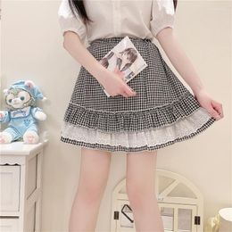 Rokken Japanse Kawaii Vrouwen Laag Mini Taart Rok Zomer Lolita Wit Kant Ruche Meisje Harajuku Preppy Studenten Plaid Saia