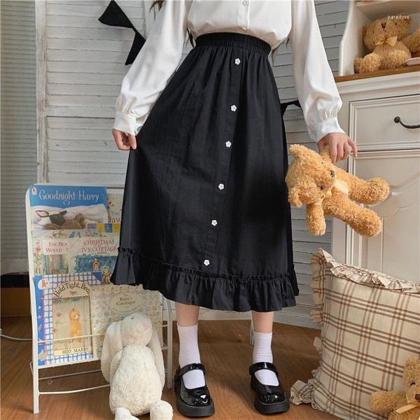 Faldas estilo Lolita japonés falda de mujer cintura alta elástica botones Vintage negro elegante volantes lindo Kawaii Midi Preppy