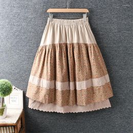 Jupes japonaises mori girl littérature vintage jupe imprimée florale vintage femmes élastiques coton et lin décontracté