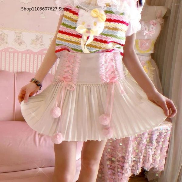 Jupes japonais style preppy lolita mini jupe plissée femme sweet lace bandage perle courtes filles occasionnelles mignonnes faldas mujer moda