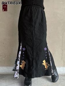 Jupes japonaises printemps et été brodées en dentelle longue jupe en queue de poisson noire