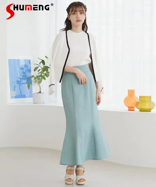 Jupes Style japonais élégant jupe midi femelle 2024 Spring Office Women's High Waited Color Elastic Fishtail