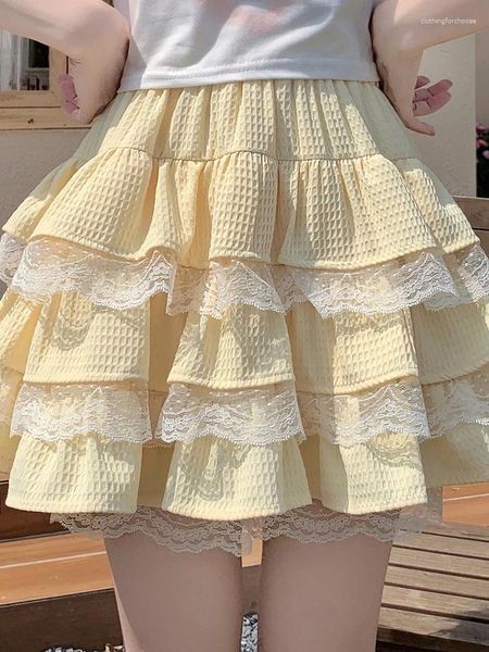 Faldas japonesas dulces chifón lolita azul amarillo a-línea mini falda primavera de primavera de primavera de verano rufa kawaii sobre rodilla