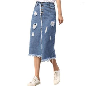 Jupes Jean Long Denim Maxi Jupe Irrégulière Taille Haute Trou Ripped Midi Pour Femmes