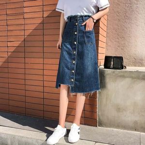 Rokken Jean Women Koreaanse stijl hoge taille asymmetrische denim rok vintage cowboy-midi met één borsten